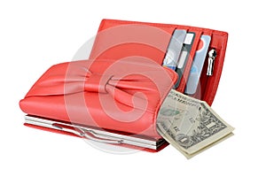 Red leather wallet with dollars and credit card