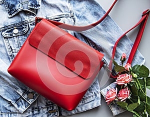 Red leather women bag