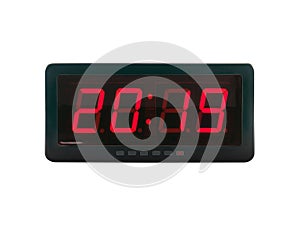 Red led light illumination numbers 2019 on black digital electric alarm clock face isolated on white background