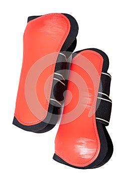 Red leg protectors for horse isolated on white. sportive horsy stuff