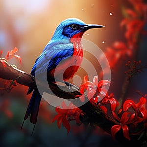 Red-legged Honeycreeper Cyanerpes cyaneus exotic tropic blue bird with red leg from Costa Rica. Tinny songbird in the nature