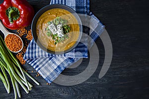 Red lentil cream soup decorated with fresh vegetables and greens. Veggie concept. Proper nutrition. View from above