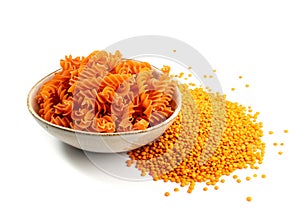 Red Lentil Fusilli Pasta, Raw Orange Spiral Noodles