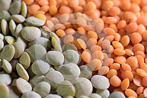 Red lentil and green lentil grains