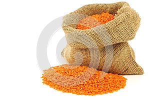 Red lentils in a burlap bag