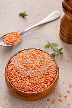 Red lentils raw in a bowl ready to be cooked