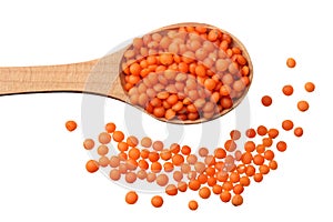 red lentils in wooden spoon isolated on white background. Top view