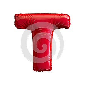 Red letter T made of inflatable balloon isolated on white background