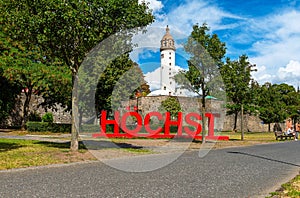 Red lettering Hoechst in front of the castle, Frankfurt, Germany