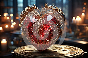 Red golden luminous heart on the background of bokeh effec. Generative AI photo
