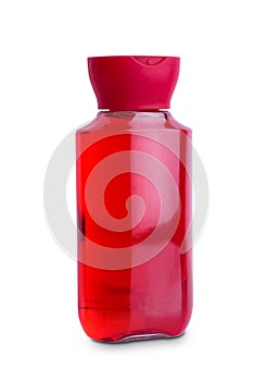 Red lid, Transparent body plastic bottle cosmetic hygiene shampoo, conditioner with body moisturising isolated on white background