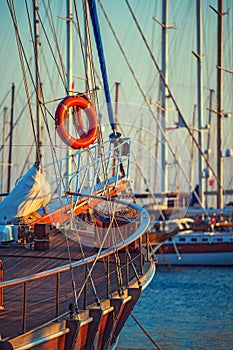 Red life buoy on boat