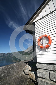 Red life buoy, life ring in Eidfjord