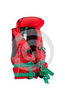 Red life jacket isolated on white background