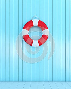 Red lifebuoy on a blue wooden plank wall, summer concept, background