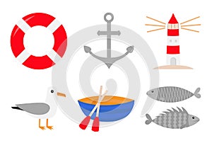 Red lifebuoy ring. Ship anchor lighthouse boat albatross bird fish icon set. Life buoy round circle for safety at sea ocean water.