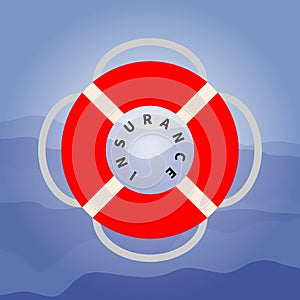 Red lifebuoy with a rope on the dark blue waves background. Symbol of salvation, care, insurance. Vector flat design.