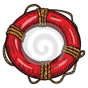 Red lifebuoy with rope isolated sketch. Hand drawn life ring in engraving style