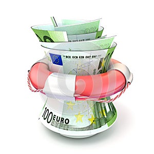 Red lifebuoy saving money, roll euro. 3D render