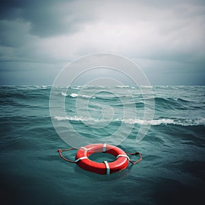 red lifebuoy on stormy ocean with darkened sky and waves in the water