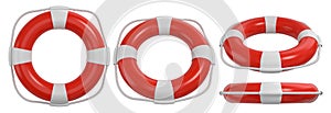 Red lifebuoy with a white rope. 3D rendered image set.