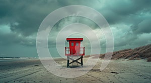 Red Lifeguard Chair on Sandy Beach