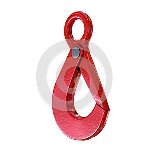 Red lifting crane hook isolated on background.