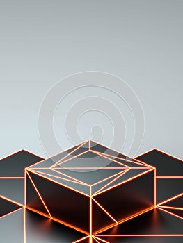 red light abstract dark wire mesh cube product showcase podium 3d render illustration