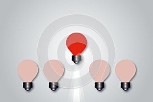 Red light bulb on grey background. Concept innovation thinking creative, Success inspiration, leadership, Business idea.