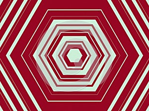 Red and light green concentric hexagonal pattern with geometric design.