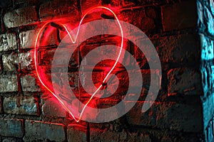 Red light neon shaped heart on a brick wall, valentines day