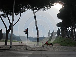 Red light and red bike in Rome in front of Circo Massimo photo