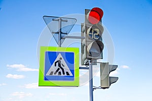 Red light traffic light signal with road signs