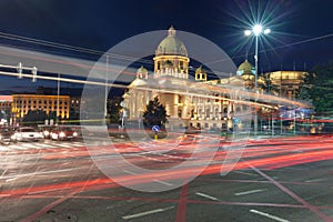 Red light trails on crossroad in Belgrade downtown at night