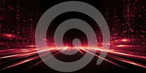 Red light trails on a dark background with binary code