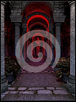 Red-lighted temple interior