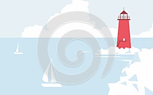 Red lighthouse on the coast and sailboats sailing in the sea