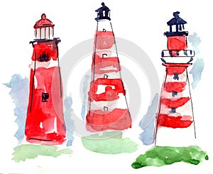 Red lighthouse drawn, diffrent style, watercolor graphic sketch