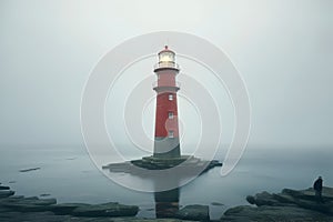 Red lighthouse in the fog.