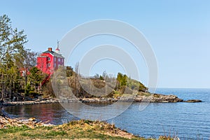 Red Lighthouse on Lake Superior in Upper Michigan