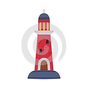 Red Lighthouse Tower Serving as Beacon for Navigational Aid Vector Illustration