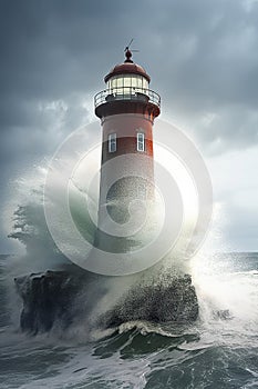 A red lighthouse withstands powerful ocean waves under a stormy sky, exemplifying nature s force and resilience, ai generative