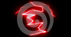 Red lightning bolts of electrical current moving wildly across a black background