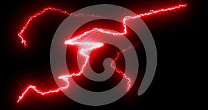 Red lightning bolts of electrical current moving wildly across a black background