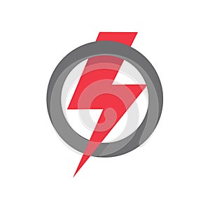 Red lightning icon in circle shape, power, strength, win symbol on white background.