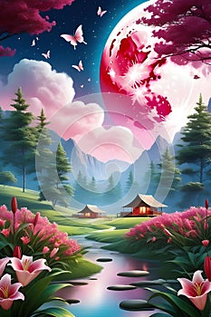 A red lily camp with a beautiful nature view, river, tree, mountain, pink sky and clouds, moon, wallpaper