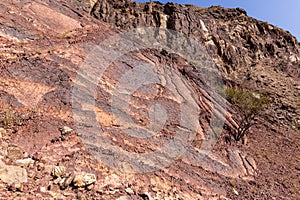 Red limestone and dolomite rock formations in Hajar Mountains on Arabian Peninsula, United Arab Emirates, Hatta