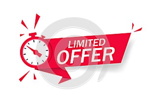 Red limited offer with clock for promotion, banner, price. Label countdown of time for offer sale or exclusive deal.Alarm clock