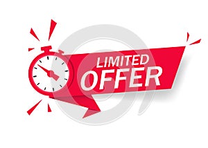 Red limited offer with clock for promotion, banner, price. Label countdown of time for offer sale or exclusive deal.Alarm clock photo