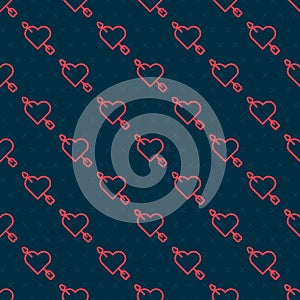 Red line Amour symbol with heart and arrow icon isolated seamless pattern on black background. Love sign. Happy